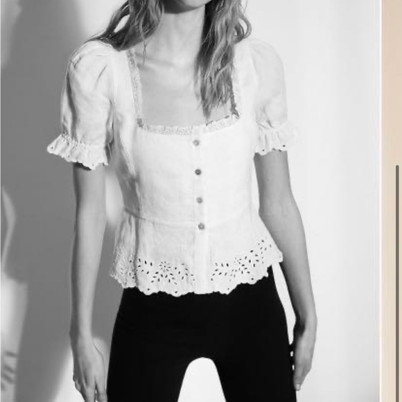 New Aritzia Wilfred Arwen White Linen Embroidered Peplum Summer Blouse Sz 2 - Picture 3 of 11
